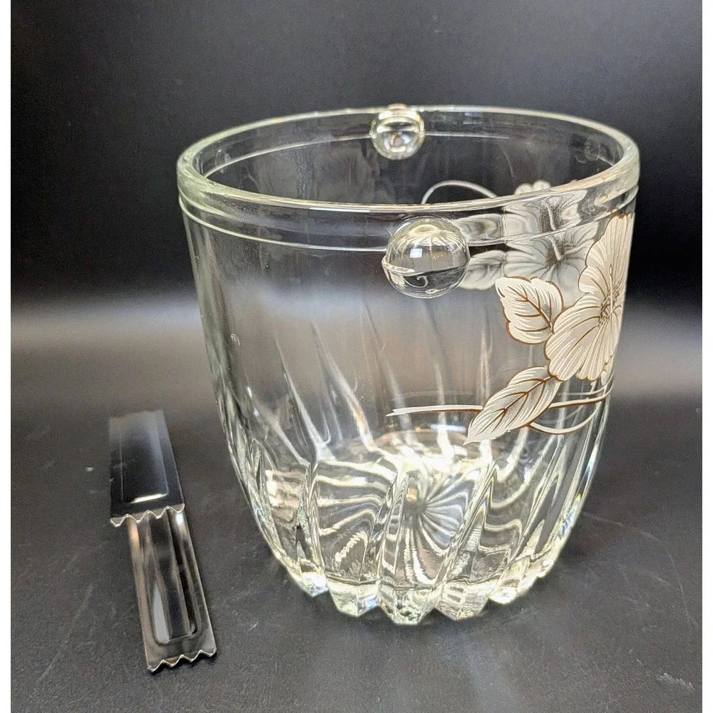 Vintage Mid Century Floral Etched Ice Bucket with Tongs
